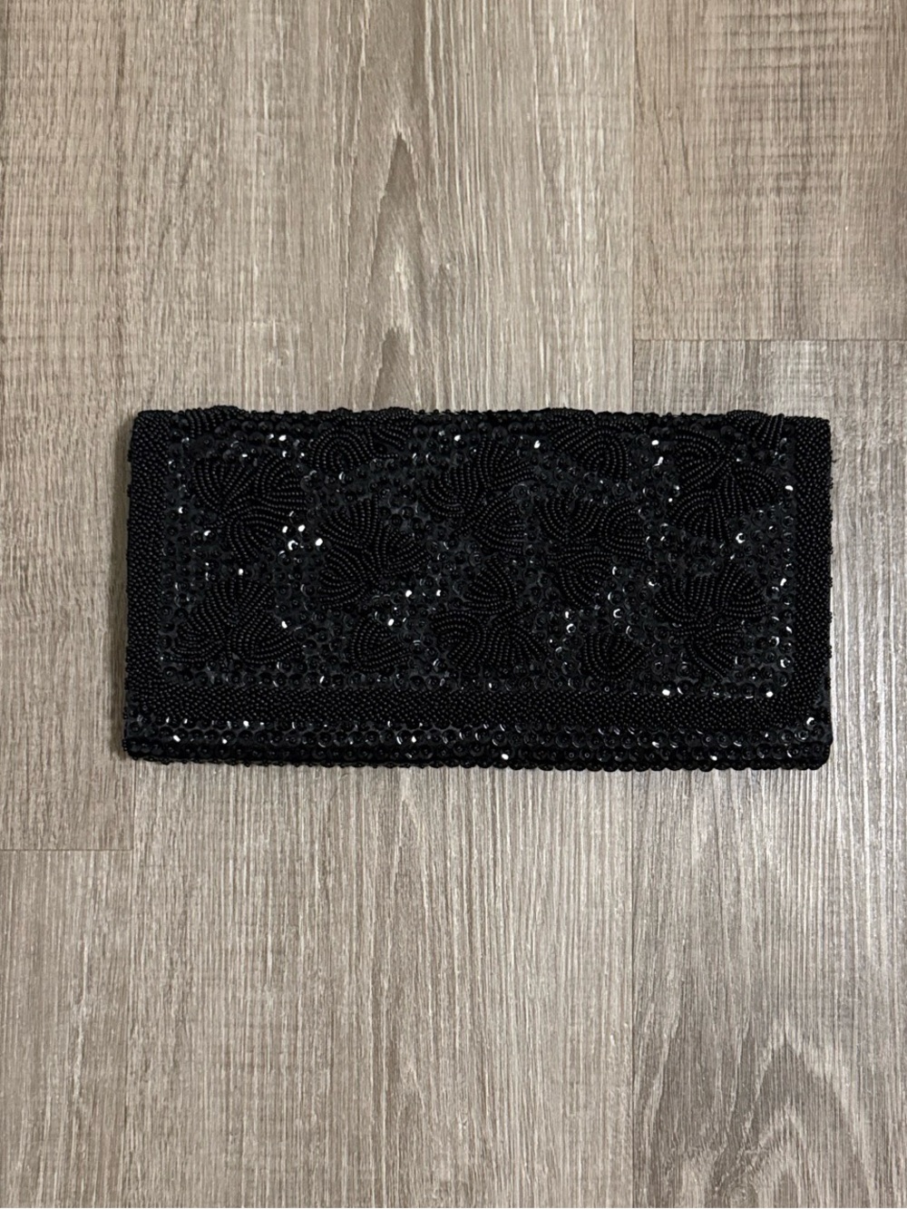 Vintage Black Beaded Evening Clutch With Black Sequins Hand Made In Hong Kong